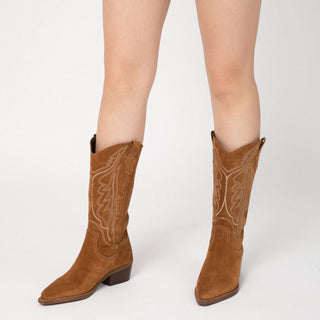 Brown Suede Knee-High Boots with Tribal Print
