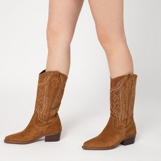 Brown Suede Knee-High Boots with Tribal Print