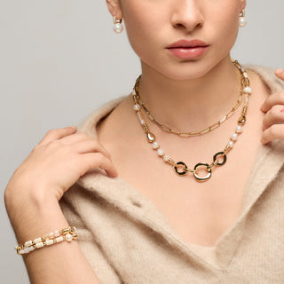 Pendientes acabado oro amarillo de 18k y Perla Blanca - Maeki-blanco
