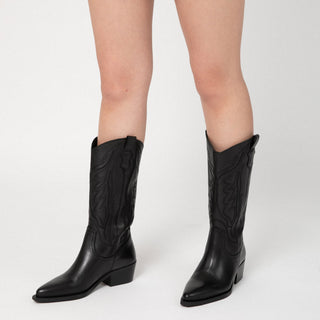 Black Leather Knee-High Boots with Tribal Print