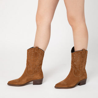 Brown Suede Mid-Calf Boots with Motif