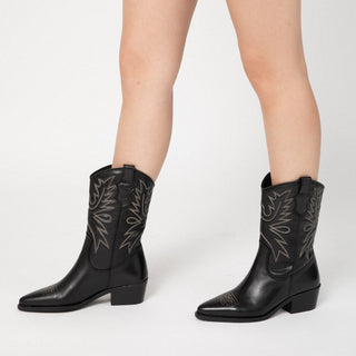Black Leather Mid-Calf Boots with Motif