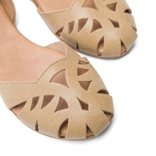 Beige Leather Flat Sandals with Cut Out Detailed
