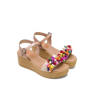 Beige Leather Wedge with Colorful Stones