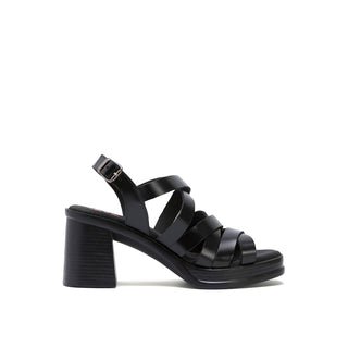 Black Leather Heeled Sandals with Crossover Strap