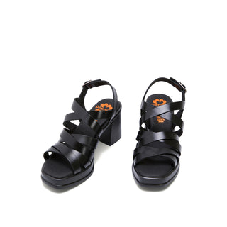 Black Leather Heeled Sandals with Crossover Strap