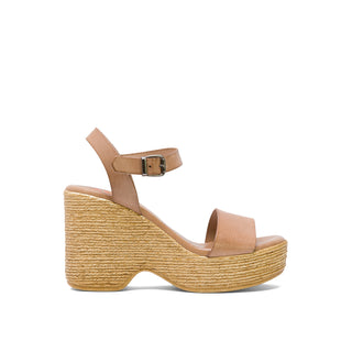 Beige Leather Wedge Heels with Buckle Up
