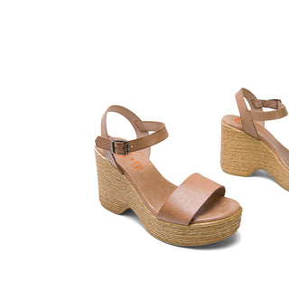 Beige Leather Wedge Heels with Buckle Up