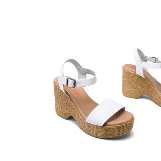 White Leather Wedge Heels with Buckle Up
