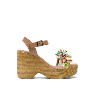 Beige Leather Wedge Heels with Colorful Stones