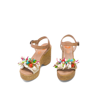 Beige Leather Wedge Heels with Colorful Stones