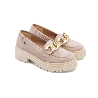 Sand Suede Mid-Heel Loafer with Chain