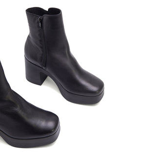 Black Leather Mid-Calf High-Heel Boots