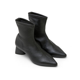 Black Leather Stiletto Mid-Heel Sock Boots