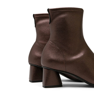 Metallic Dark Brown Leather Stiletto Mid-Heel Sock Boots