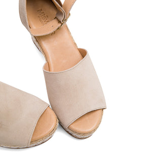 Beige Leather Wedge Espadrilles with Buckle Up