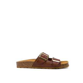 Brown Leather Slide Sandals with Croc-Embossed