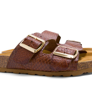 Brown Leather Slide Sandals with Croc-Embossed