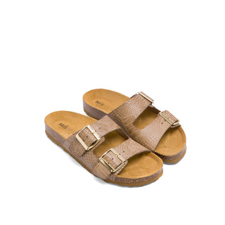 Beige Leather Slide Sandals with Croc-Embossed
