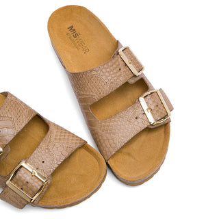 Beige Leather Slide Sandals with Croc-Embossed