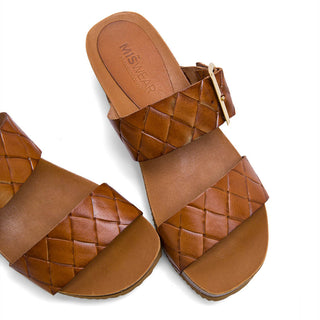 Brown Leather Wedge Mules with Buckle Strap