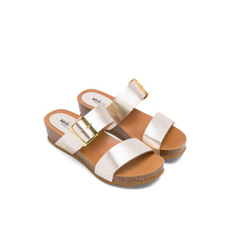 Platinum Leather Wedge Mules with Buckle Strap