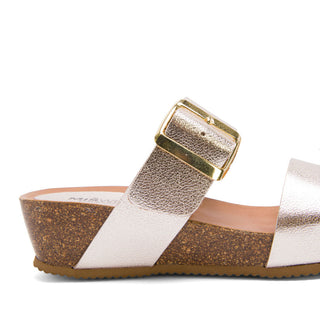 Platinum Leather Wedge Mules with Buckle Strap