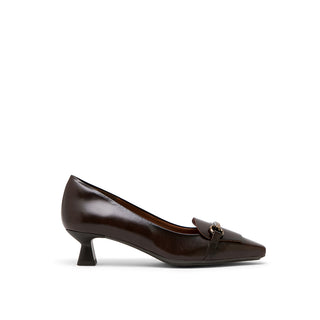 Dark Brown Leather Stiletto Mid Heel with Horsebit Buckle