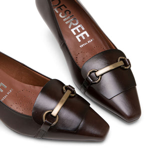 Dark Brown Leather Stiletto Mid Heel with Horsebit Buckle