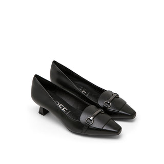Black Leather Stiletto Mid Heel with Horsebit Buckle