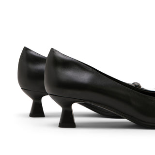 Black Leather Stiletto Mid Heel with Horsebit Buckle