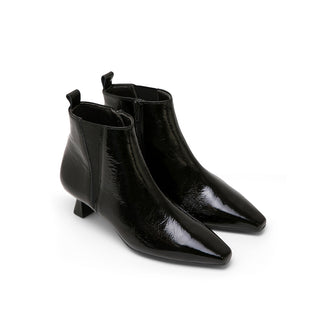 Black Leather Stiletto Mid-Heel Boots with Side V Elastic
