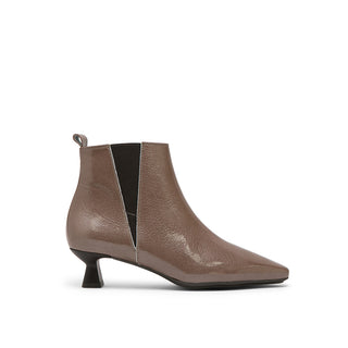Grayish-Brown Leather Stiletto Mid-Heel Boots with Side V