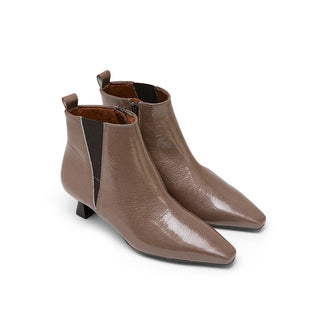 Grayish-Brown Leather Stiletto Mid-Heel Boots with Side V
