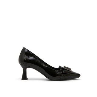 Black Leather Mid-Heel Shoes with Buckle