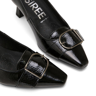 Black Leather Mid-Heel Shoes with Buckle