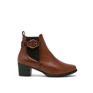 Brown Leather Ankle Boots with Side Elastic Buckle Strap