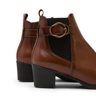 Brown Leather Ankle Boots with Side Elastic Buckle Strap