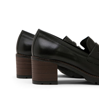 Black Leather Mid Heel Loafers
