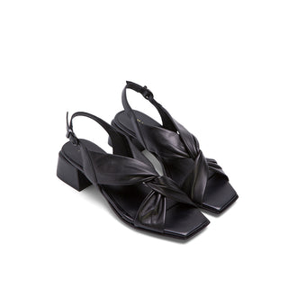 Black Leather Chunky Heeled Sandals with Twist Knot