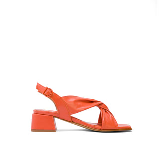Orange Leather Chunky Heeled Sandals with Twist Knot