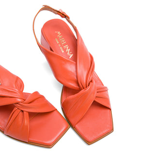 Orange Leather Chunky Heeled Sandals with Twist Knot