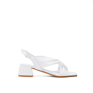 White Leather Chunky Heeled Sandals with Twist Knot