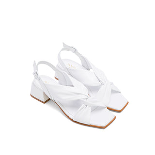 White Leather Chunky Heeled Sandals with Twist Knot