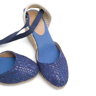 Indigo Blue Wedge Lace-Up Espadrilles with Lace Knitting