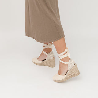 White Wedge Lace-Up Espadrilles with Lace Knitting