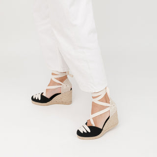 Black Wedge Lace-Up Espadrilles with Shoelace Detail