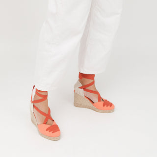 Coral Orange Wedge Lace-Up Espadrilles with Shoelace Detail