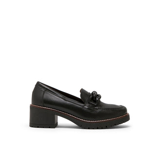Black Leather Mid-Heel Loafers with Chain Detail