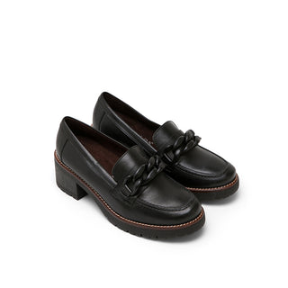 Black Leather Mid-Heel Loafers with Chain Detail